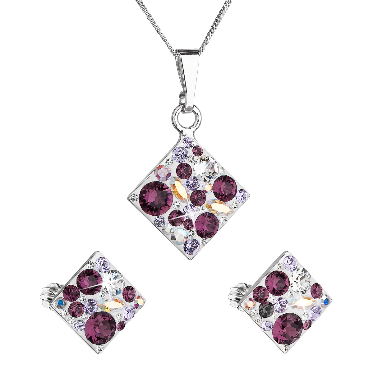 Evolution Group Sada šperků s krystaly Swarovski náušnice, řetízek a přívěsek fialový kosočtverec 39126.3 amethyst