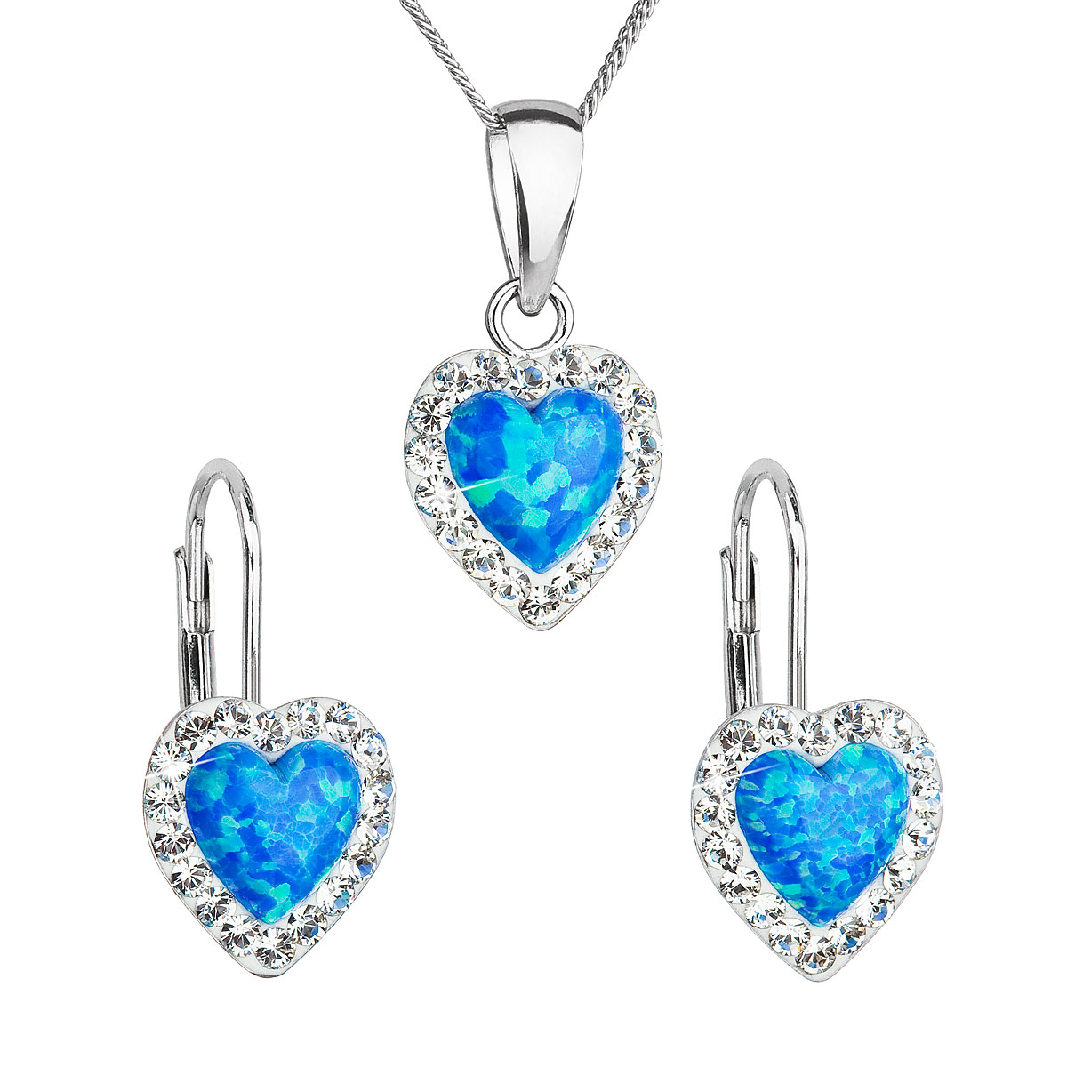 Evolution Group Sada šperků se syntetickým opálem a krystaly Swarovski náušnice a přívěšek modré srdce 39161.1