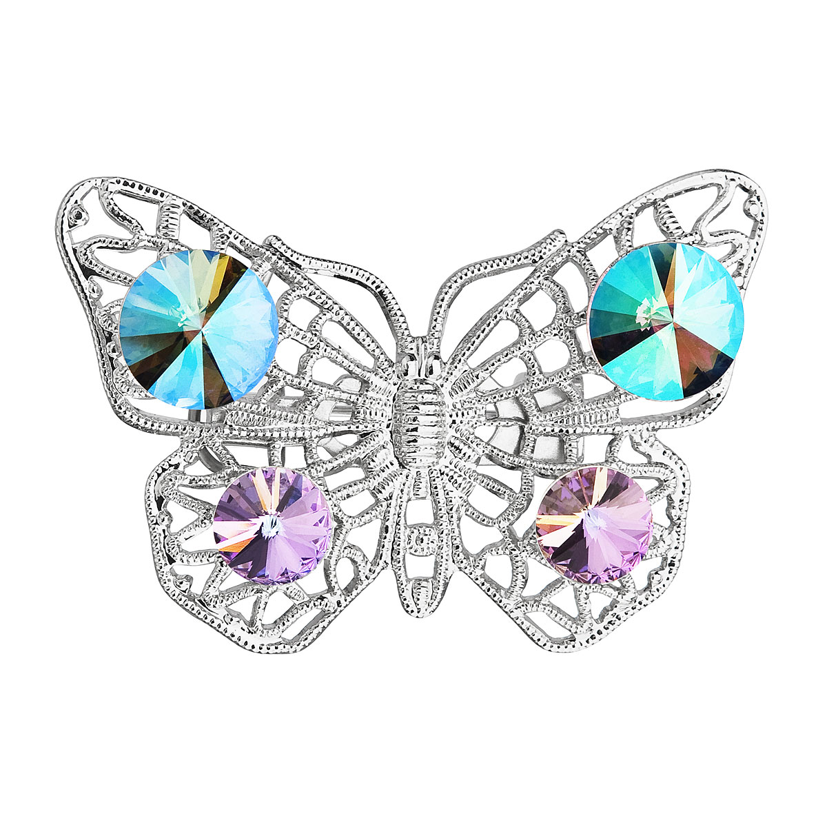Brož bižuterie se Swarovski krystaly zelený fialový motýl 58002.5